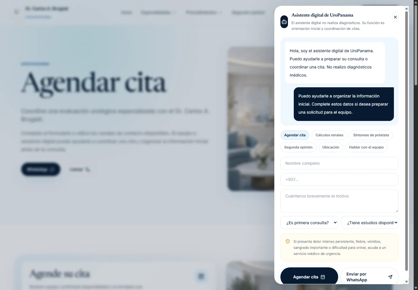 Interfaz del asistente digital de UroPanama con campos estructurados