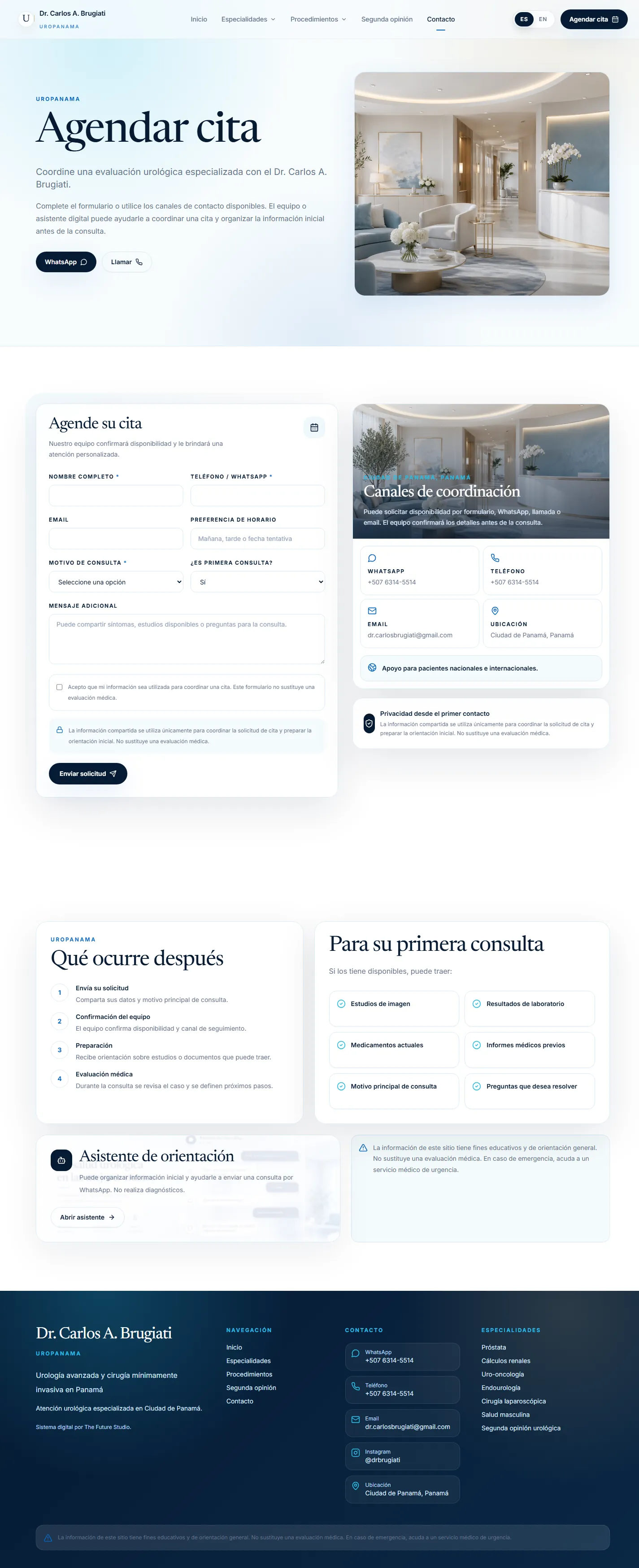 Página de solicitud de citas de UroPanama con privacidad y confirmación manual