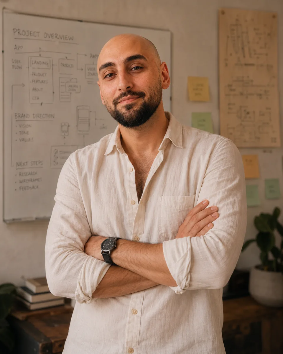 Richard Hardy Saenz in front of a project planning and interface design whiteboard