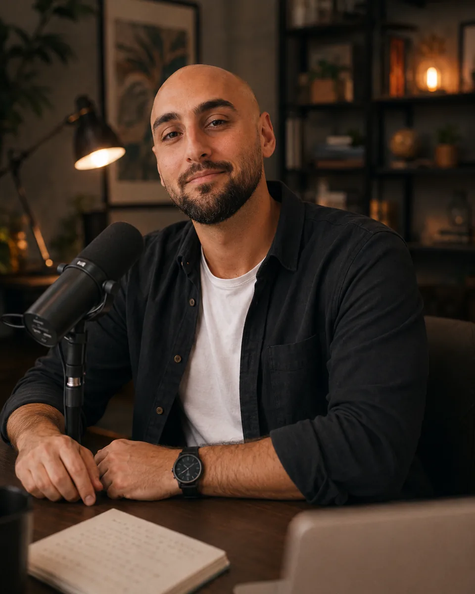 Richard Hardy Saenz at his studio workspace with a microphone and laptop