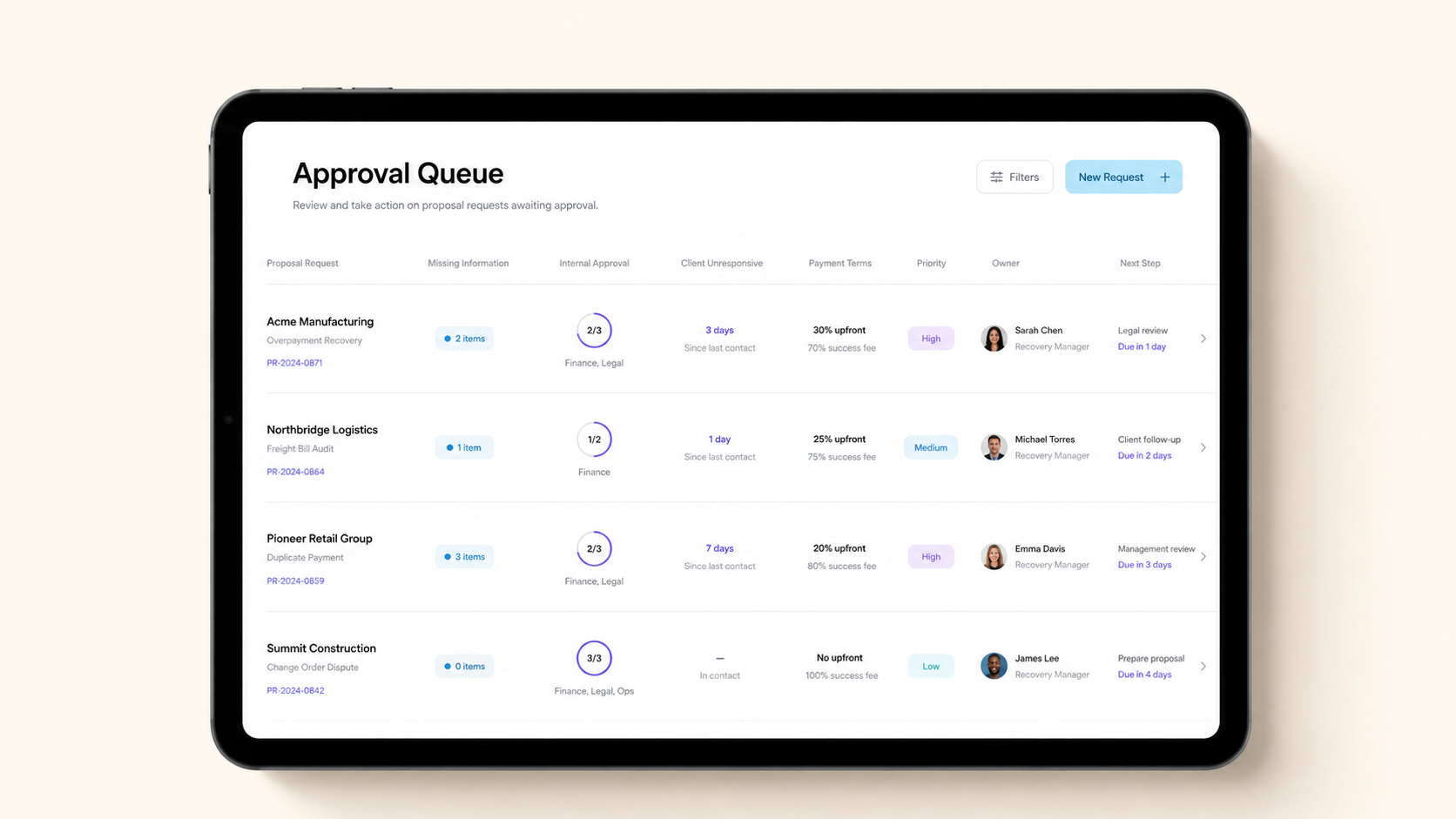 Revenue Recovery System approval queue on tablet