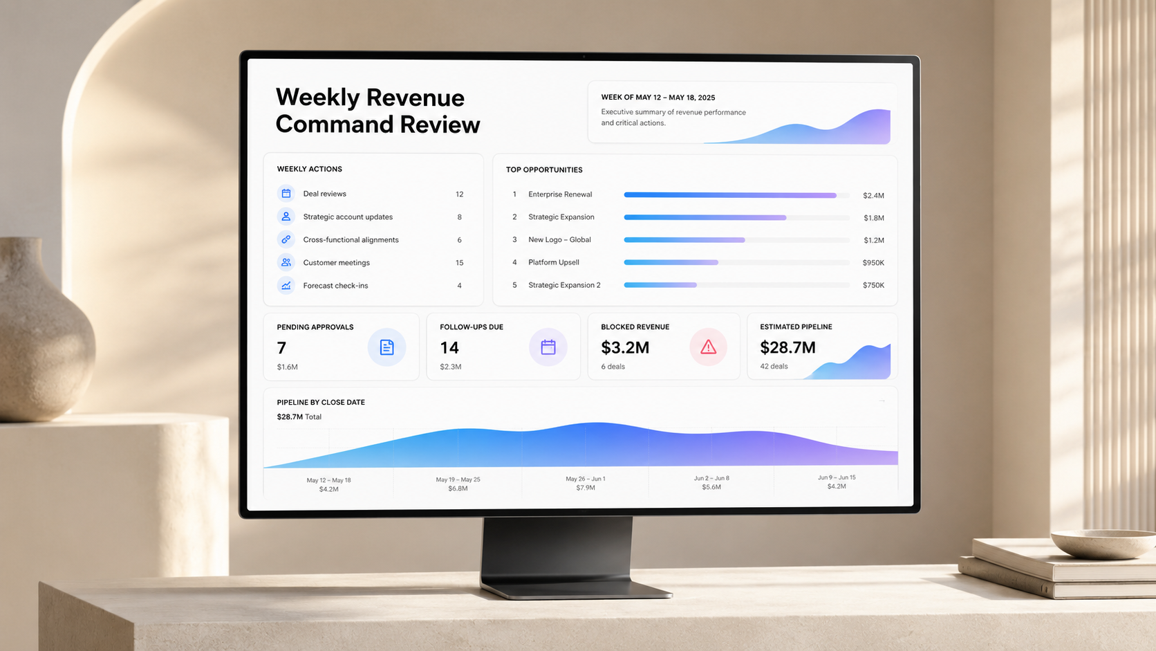 Revenue Recovery System weekly command review dashboard