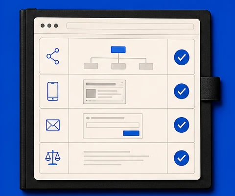 Website launch check kit showing inspection, block, and release steps