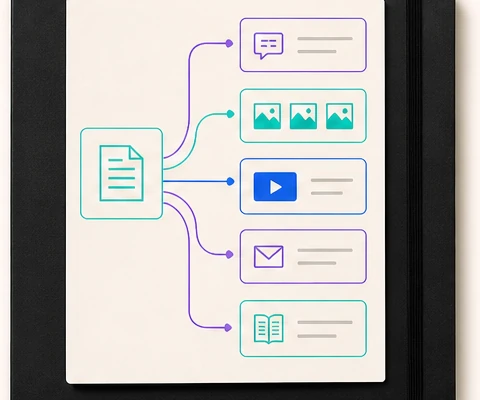 Content repurposing planner with a source idea branching into useful formats