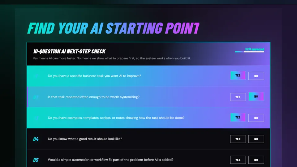 The AI Readiness Check with selected answers and progress shown