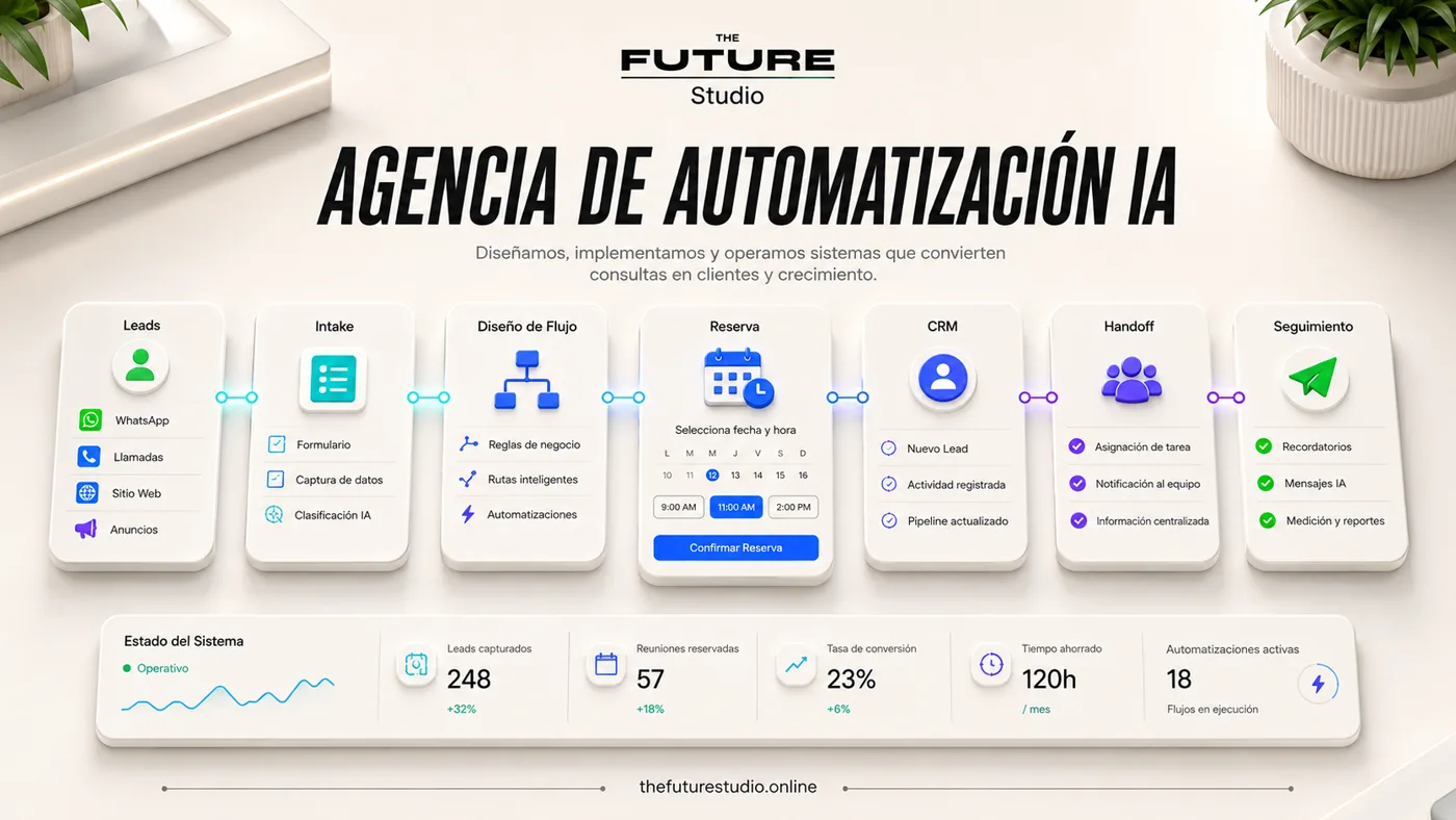 Mapa visual de agencia de automatizacion IA con leads, intake, diseno de flujo, reserva, CRM, handoff y seguimiento