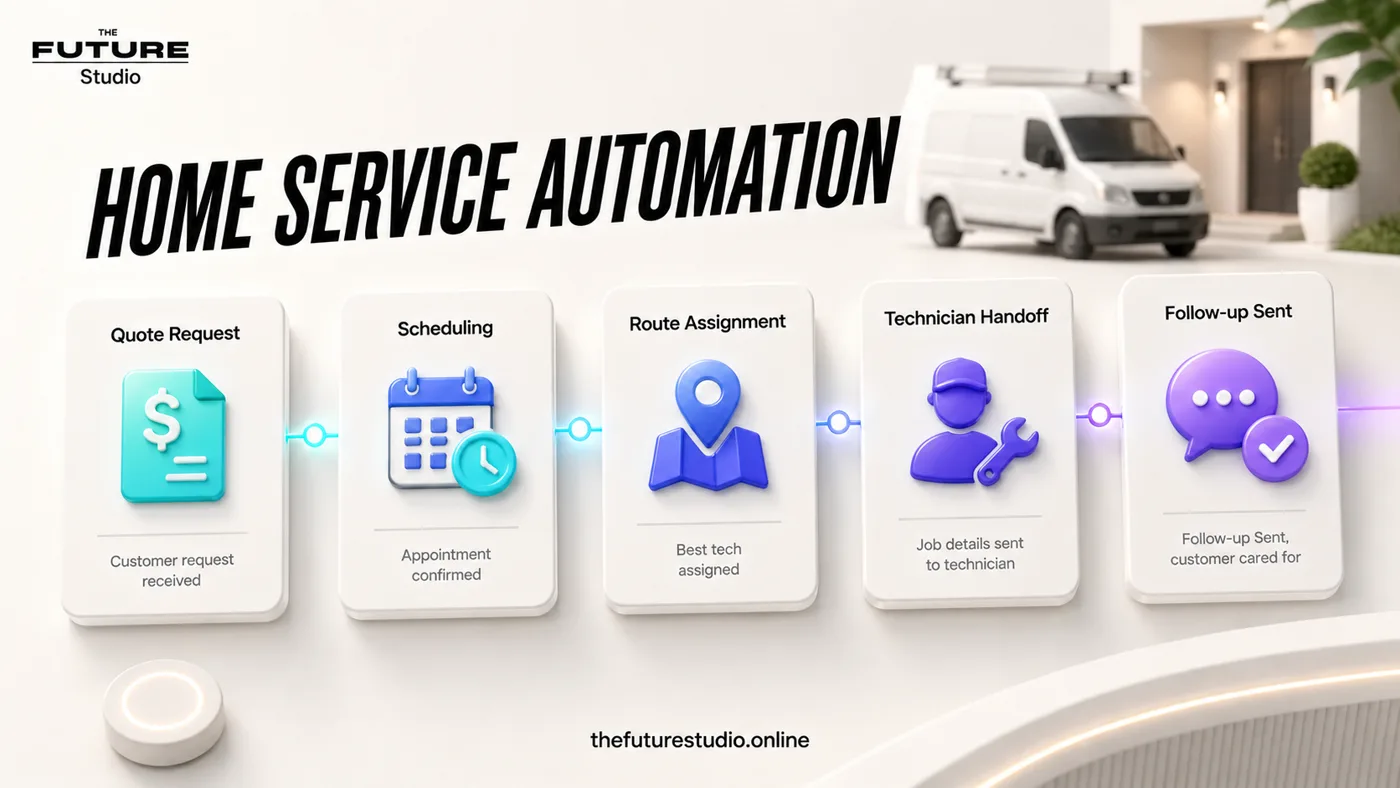 Visual workflow map for home service automation showing quote request, scheduling, route assignment, technician handoff and follow-up
