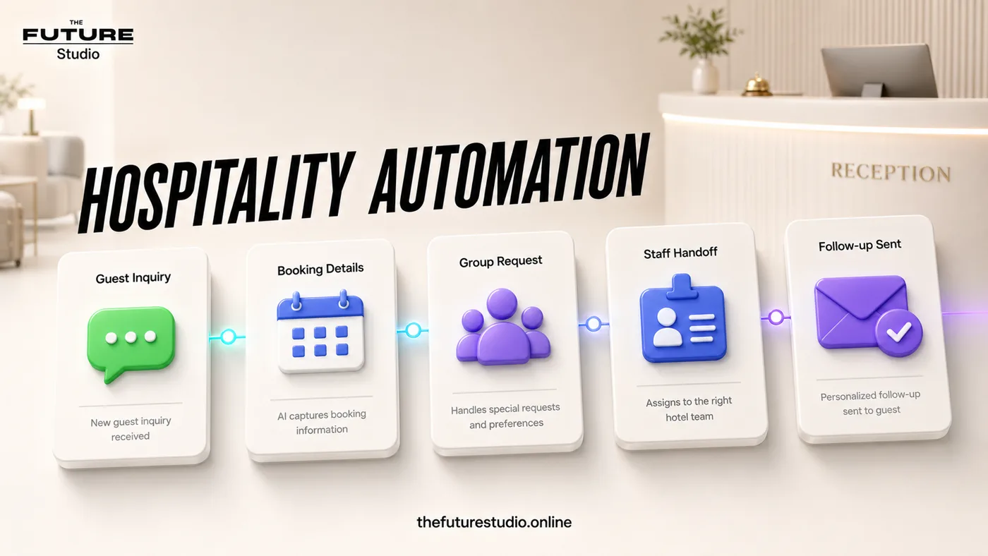 Visual workflow map for hospitality automation showing guest inquiry, booking details, group request, staff handoff and follow-up
