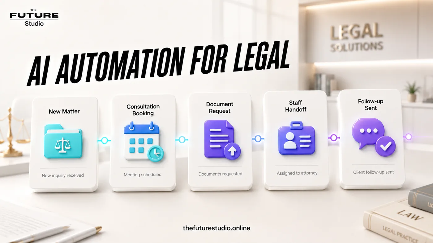 Visual workflow map for legal office AI automation showing new matter, consultation booking, document request, staff handoff and follow-up