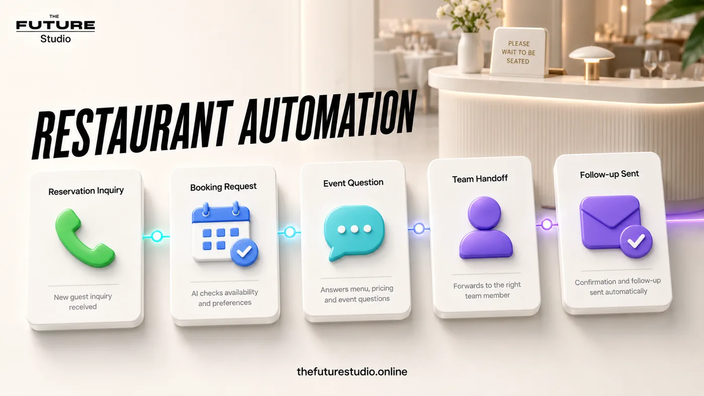 Visual workflow map for restaurant automation showing reservation inquiry, booking request, questions, team handoff and follow-up