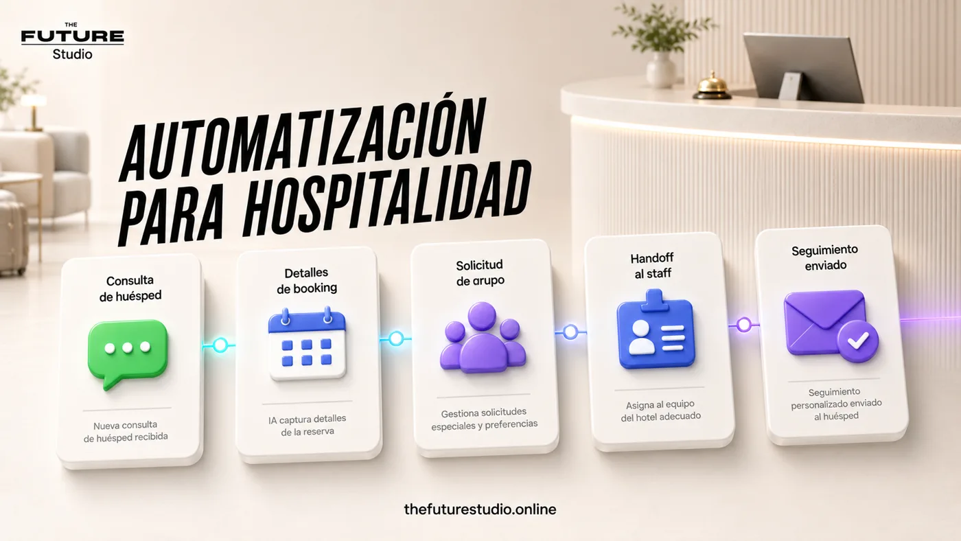 Mapa visual de automatizacion IA para hospitalidad con consulta, detalles de booking, solicitud de grupo, handoff y seguimiento