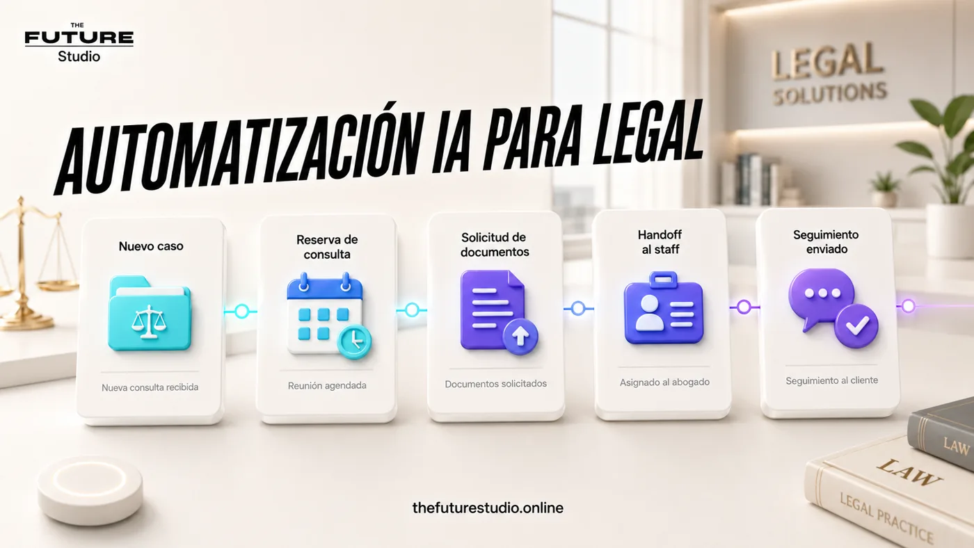 Mapa visual de automatizacion IA para oficinas legales con nuevo caso, reserva, documentos, handoff al staff y seguimiento
