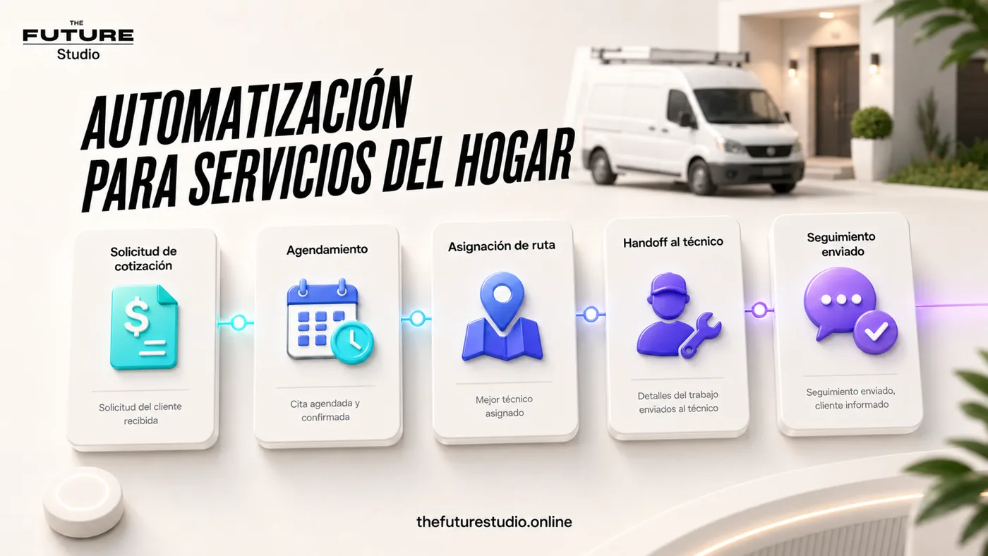 Mapa visual de automatizacion IA para servicios del hogar con solicitud, agendamiento, ruta, handoff al tecnico y seguimiento